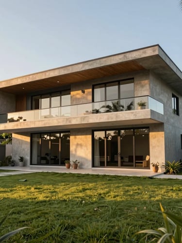 Wide-angle exterior elevation of a premium contemporary Malaysian bungalow with a flat roof, bold concrete cantilevered structures, and extensive glass walls. Warm golden hour tropical sunlight casting soft shadows, set against a manicured green lawn.