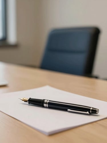 Quiet boardroom interior bathed in soft warm ambient light, a heavy fountain pen resting on textured paper, muted navy and champagne tones, 35mm.