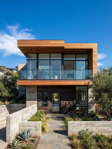 High-contrast architectural photograph of a modern residential home facade under bright daylight, clean concrete and warm wood accents, sharp focus