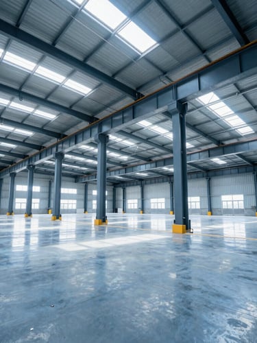 Wide-angle architectural shot of a newly constructed massive industrial warehouse interior, polished concrete floors reflecting bright daylight from skylights, steel pillars, high ceiling structure, professional clean finish.