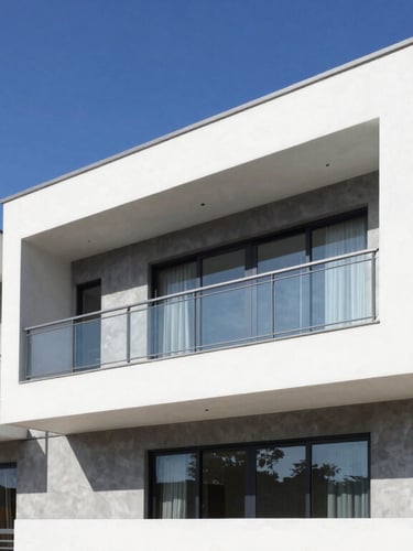 Sharp architectural photography of a newly built modern home exterior in Pachuca, bright natural daylight, clean corporate blue sky, high-contrast professional finish