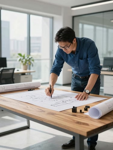 Primer plano de planos arquitectónicos sobre mesa de madera rústica, manos de ingenieros señalando detalles estructurales, iluminación natural de oficina moderna.
