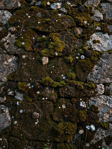 Wide shot of a Corsican stone façade heavily colonised by dark algae and green moss, soft morning light from the left revealing the full texture of the affected surface, no people, documentary framing