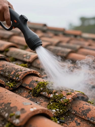 Close-up of a steam cleaning nozzle emitting a focused jet of steam onto aged terracotta roof tiles covered in green moss, soft overcast daylight, tight framing showing tile texture and steam contact point in sharp detail