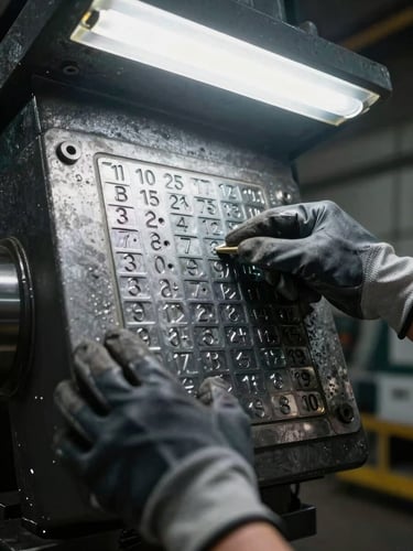 Extreme close-up from slightly above — gloved hands pressing a metal serial identification plate affixed to a heavy industrial component, sharp overhead workshop fluorescent lighting casting hard shadows, deep focus on stamped alphanumeric characters and raw steel surface texture, dark industrial floor visible at edge
