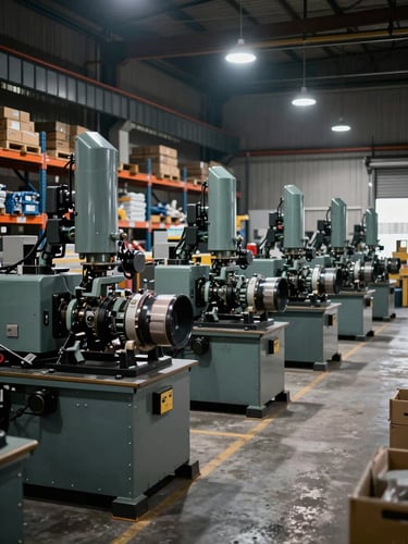 Wide environmental shot of an organized industrial warehouse bay, rows of heavy-duty machinery on the floor under sharp overhead work lights, deep shadows between equipment, concrete floor, steel shelving in the far background — high contrast, no people