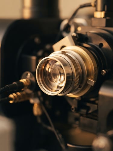 Macro photograph of a precise diagnostic laser interface, warm gold and champagne light reflecting off polished glass, shallow depth of field, 35mm