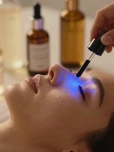 Close-up of a premium skincare treatment, soft blue LED light illuminating a client's cheekbone, macro shot of rich botanical serums, warm editorial photography.