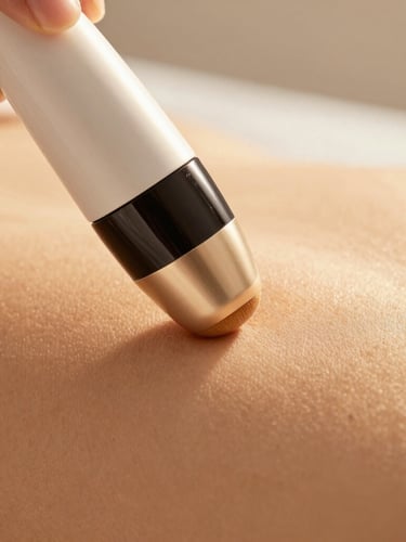 Extreme close-up of a non-invasive skin tightening wand gliding over skin, warm golden-hour light reflecting off the device, clinical serenity, 35mm