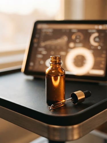 Close-up of a clinical skincare diagnostic interface, a soft glowing ring light reflecting on a glass bottle of amber serum, warm editorial photography, 35mm.
