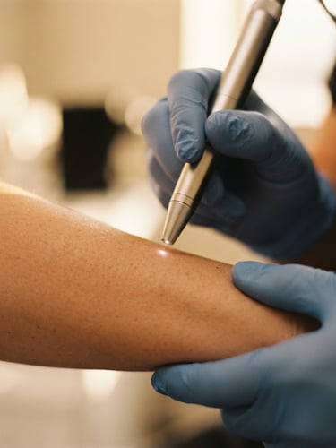 Extreme close-up of a precise clinical laser treatment on skin, soft warm golden-hour light, champagne tones, shallow depth of field, 35mm