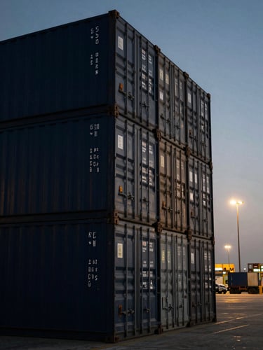 Close-up graphic composition of steel shipping containers stacked at a modern deep-water port in Dubai under dramatic twilight harbor lights.