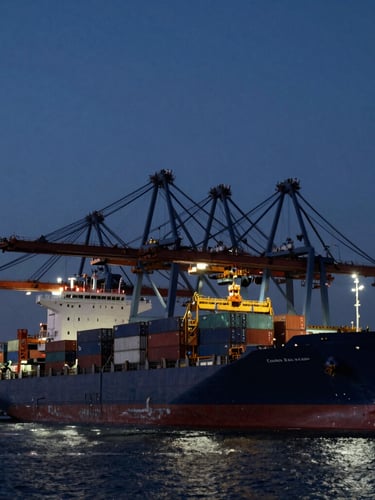 Wide-angle dramatic twilight shot of a deep-water port terminal, towering cranes loading steel containers onto a massive ship, steel and navy tones.