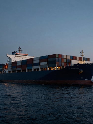 Wide-angle dramatic shot of a massive container ship at sea during twilight, deep navy and steel tones, cinematic industrial photography.