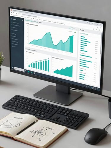 Wide shot from above of an analytics dashboard on a large monitor in a focused work environment, neutral studio light, teal data charts visible on screen, keyboard and notebook with metrics sketches in foreground
