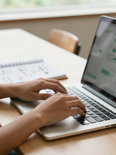 A close-up of a high school student's hands typing on a laptop in a bright classroom, a notebook with hand-drawn flowcharts beside the keyboard, soft natural daylight.