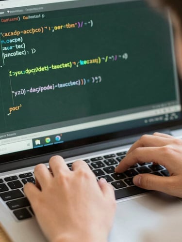 Close-up of a student's hands typing JavaScript code in a browser editor, glowing screen reflections on fingers, soft warm daylight, 35mm lens