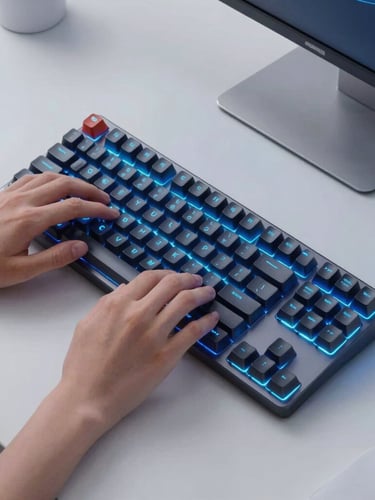 Overhead clean desk layout, hands typing on a modern mechanical keyboard, glowing electric blue ambient backlight, minimalist studio photography, 50mm