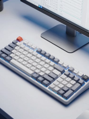 Overhead macro shot of a clean minimalist desk setup with a mechanical keyboard, sleek monitor showing a workflow diagram, cool studio lighting with electric blue ambient glow, 50mm