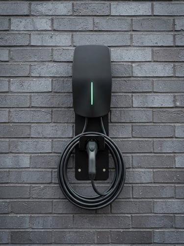 A clean architectural photo of a modern black EV charging station neatly mounted on a dark grey brick wall, bright overcast daylight, cool slate tones, sharp focus, 35mm.