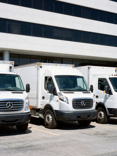 Wide shot of a branded fleet of white construction vehicles (trucks, vans) parked outside a modern office building in San Diego, bright California daylight, crisp shadows, high-contrast cool tones, 35mm
