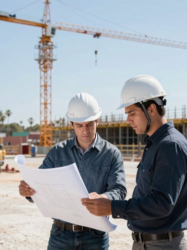 Medium shot of a licensed structural engineer in a hard hat reviewing blueprints with a construction foreman on an active commercial job site, a large crane in the background, bright California daylight, high-contrast.