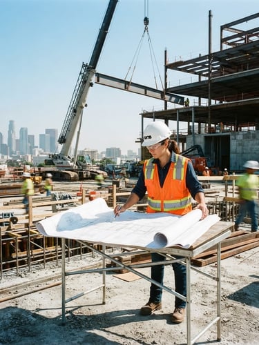 Wide shot of a structural engineer in a hard hat reviewing physical blueprints on an active commercial construction site, a large steel beam being hoisted by a crane in the background, bright California daylight, high-contrast cool tones, crisp architectural lines, 35mm.