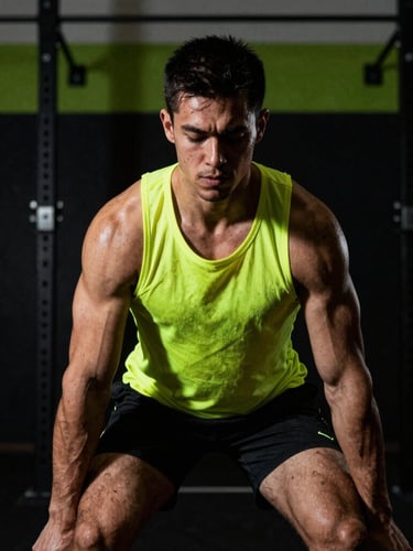 Gritty athletic portrait of a focused athlete preparing to lift, high-contrast gym lighting, deep shadows, vibrant neon green accents, raw action shot on 35mm lens