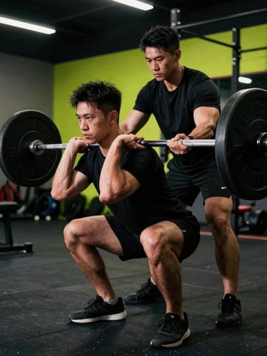 A certified trainer correcting a member's barbell squat form on the gym floor, focused expressions, dramatic high-contrast lighting, raw and authentic