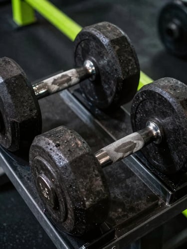 Close-up of heavy iron dumbbells stacked on a steel rack, high-contrast gym lighting, deep shadows, gritty athletic texture, 35mm lens.