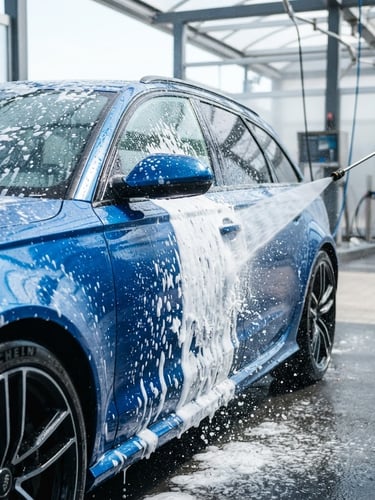 Crisp commercial photography of a modern car wash bay at daylight, thick white active foam sliding down a metallic blue car body, high-speed shutter capturing water droplets, 50mm