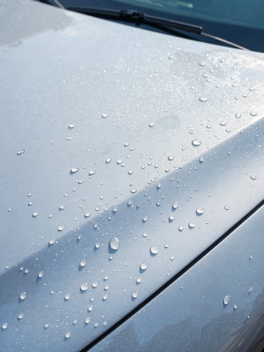 Macro shot of water droplets beaded perfectly on a freshly washed car hood, reflecting bright daylight, showcasing a flawless spot-free osmosed water finish