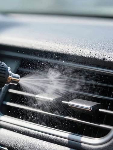Close-up of a professional air pressure gun blowing dust out of a car air vent, high-speed shutter, water droplets and dust atomizing, bright daylight, 50mm