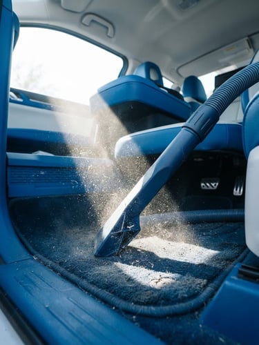 Crisp commercial photography of a high-power industrial vacuum nozzle inside a clean car interior, bright natural daylight, vibrant blues, high-speed shutter capturing dust particles in a sunbeam, 50mm
