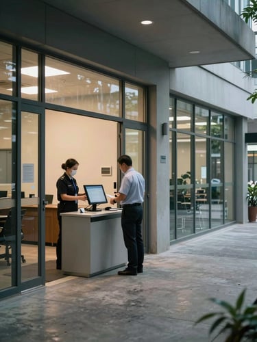 Wide interior corridor of a corporate building, a porteiro in uniform at the entry control desk reviewing credentials on a monitor, glass facade to the right, concrete floor, available interior light showing operational clarity