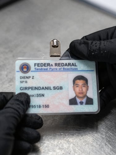 Close-up of a gloved hand holding an official federal credential badge with a photo ID card and regulatory seal visible, steel-grey background, available interior light, sharp focus on the document surface, no faces shown