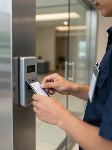Close-up environmental shot of a porteiro's hands operating an electronic access control panel at a building entry point, credential badge visible on uniform lapel, polished steel and glass lobby visible in background, available interior light showing the operational workspace without softening