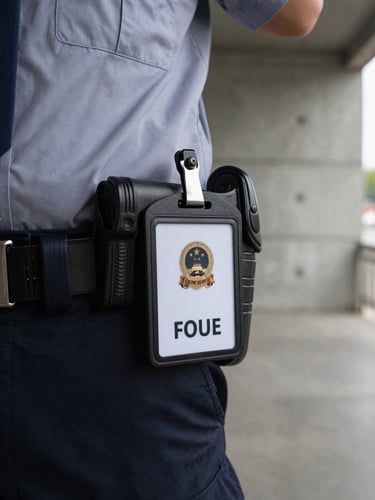 Close-up environmental shot of a security officer's credential badge and holster at hip level, steel-gray uniform fabric visible, concrete corridor wall in background, flat available light, no dramatism, sharp focus on the credential card detail
