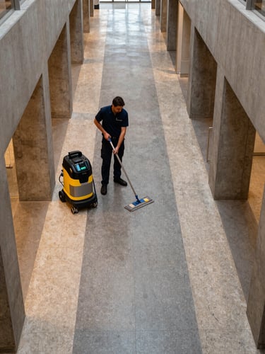 Overhead wide shot of a zeladoria team member inspecting a polished commercial floor corridor after cleaning, mop equipment to the side, concrete and steel surfaces visible, available interior light, no faces shown