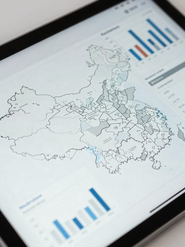 Close-up of a digital tablet displaying statistical charts and maps of electoral zones, cool daylight, clean editorial photography, high-end data visualization, 35mm
