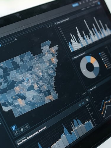Macro photograph of a clean, modern digital dashboard showing statistical charts and voting maps, bright cool daylight, sharp focus, neutral corporate tones, 35mm