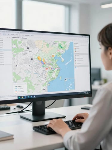 An analyst working in a bright, modern corporate office, looking at geographical mapping software on a large monitor, clean daylight, professional 35mm photography