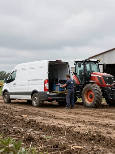 Wide shot from the left side: a white diagnostic van parked beside a large tractor on a working farm, technician unloading equipment from the van's open rear doors, overcast natural daylight, muddy yard and barn in the background, no posed figures