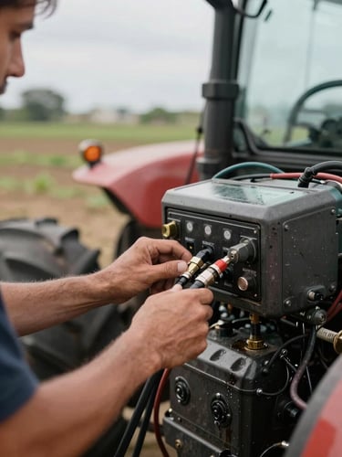 Close-up of a technician's hands operating diagnostic equipment attached to a tractor engine in open farm daylight, cables and connectors visible, grease-worn metal surfaces, natural overcast light, documentary framing