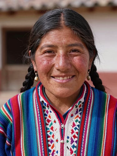 Close-up portrait of a smiling Peruvian female artisan in the Andes wearing traditional textiles, bright natural daylight, warm editorial photography, shallow depth of field