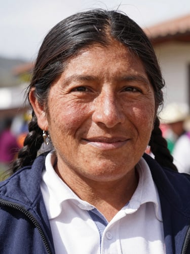 Close-up portrait of a smiling Peruvian community leader in bright natural daylight, warm editorial photography, authentic human moment
