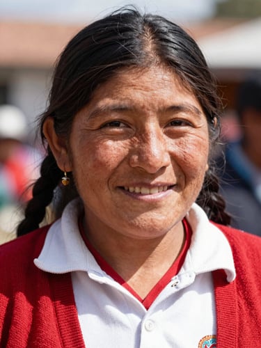 Close-up portrait of a smiling Peruvian community leader in bright natural daylight, warm editorial photography style.