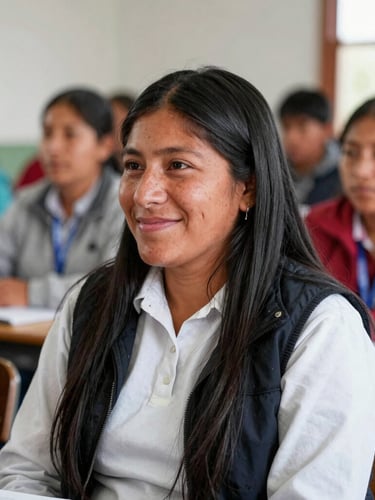 Medium shot of a Peruvian female community leader smiling warmly during an educational workshop, bright natural daylight, shallow depth of field, authentic human moment.