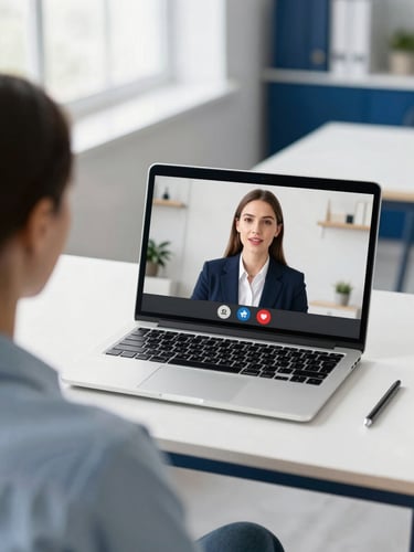 Over-the-shoulder view of a professional video call on a laptop screen, clean modern workspace, soft natural daylight, navy blue accents