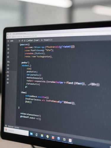 Close-up of clean, well-structured code on a monitor, reflecting cool office light, with a blurred background of a modern workspace. Sharp focus, slate and steel gray tones, minimalist tech photography, 50mm.